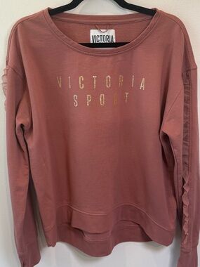 Victoria Sport Mauve Ruffle Sleeve Sweatshirt Gold Logo Large Thumbholes